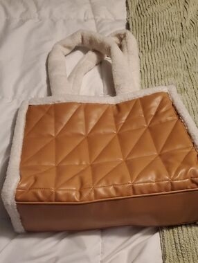 Quilted Faux-Leather Tote with Sherpa Trim - Camel/White